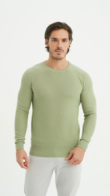 Round neck cottonNsweater - Almond green